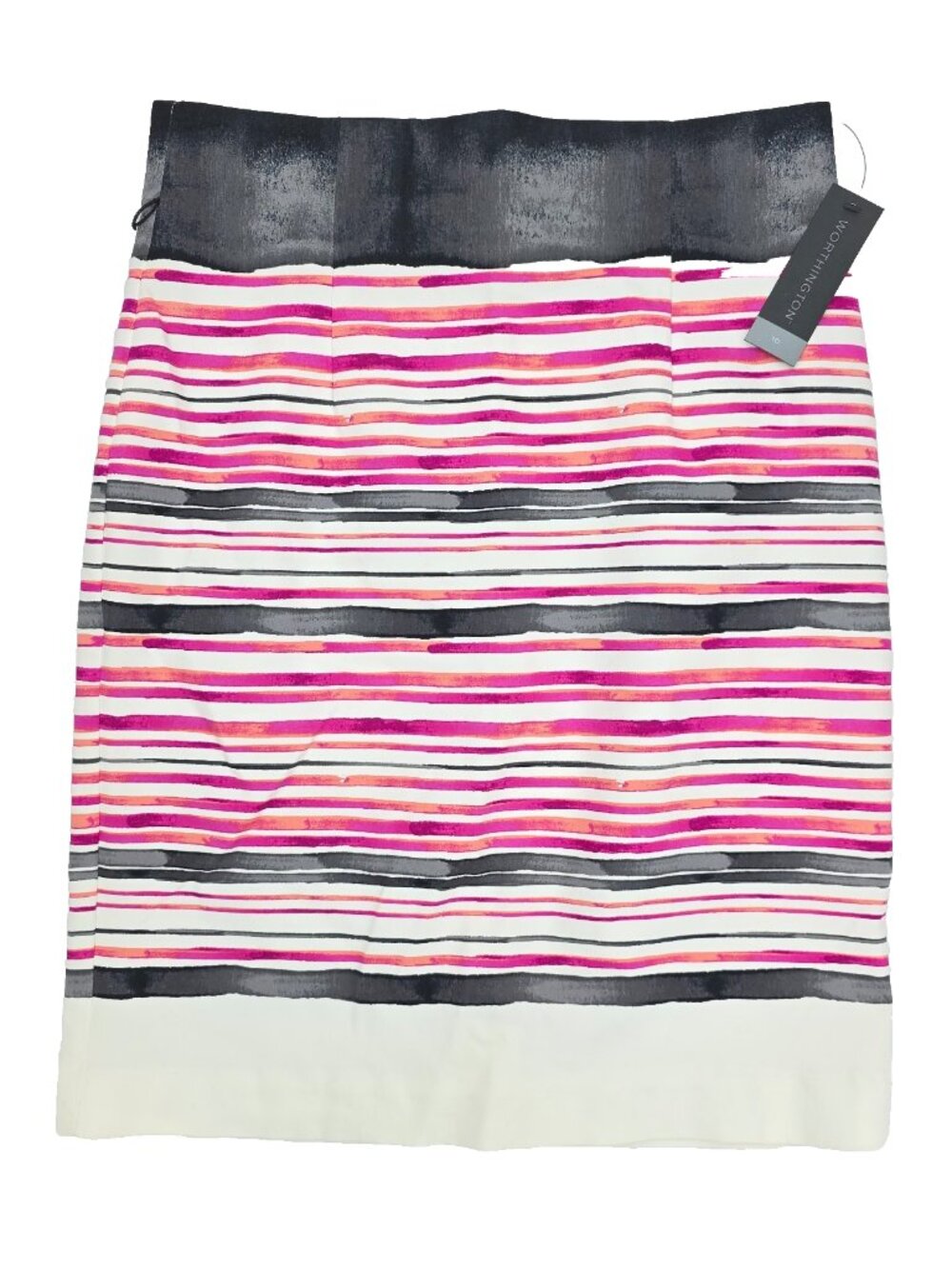 Worthington Pencil Skirt Womens 10 White Watercolor Knee Length Stretch Striped